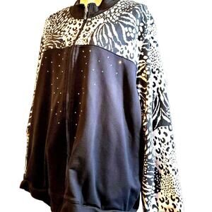 Koret Animal Print Black & White Jewel Embellished Zip Up Jacket Plus Size 3X